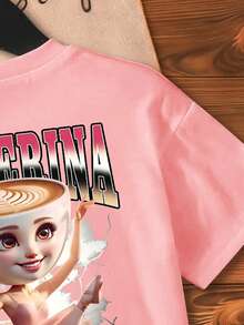 女童卡通字母印花圆领短袖休闲T恤 - 粉色 - 查看 6