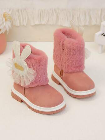 1 Pair Toddler Girls Comfortable Lightweight Cartoon Rabbit Decor Plush Cuff Side Zipper Warm Ankle Boots, Suitable For Everyday Outdoor Wear In Autumn/Winter