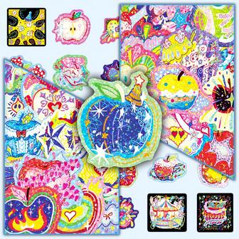 50张可爱卡通多巴胺全息贴纸，色彩缤纷的原创能量苹果装饰贴纸，适用于家居、剪贴簿等。