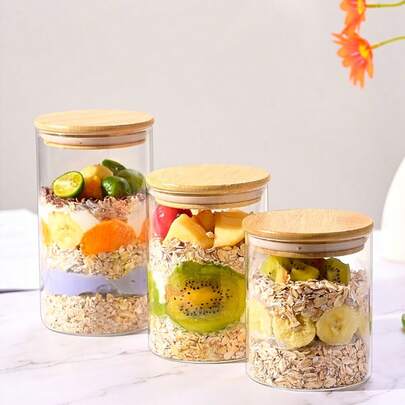 1pc 16.91oz/20.29oz/27.05oz Glass Food Storage Container With Bamboo Lid, For Spices, Salt, Sugar, Coffee Beans, Cookies, Candies And Pasta