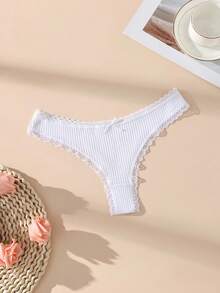 5pcs/Pack White Romantic Lace Patchwork Ribbed Women's Thong Panties With Cute Bow, Breathable Cotton Stretch Underwear - trắng - Xem 2