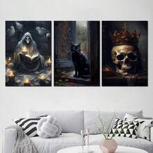 3幅万圣节哥特式骷髅黑猫墙画帆布海报，高清印刷，可选画框，适用于客厅、卧室、浴室、办公室、咖啡厅、健身房、家庭节日装饰，印刷品，房间走廊装饰，艺术品，理想的礼物送给朋友 - 彩色 - 查看 4