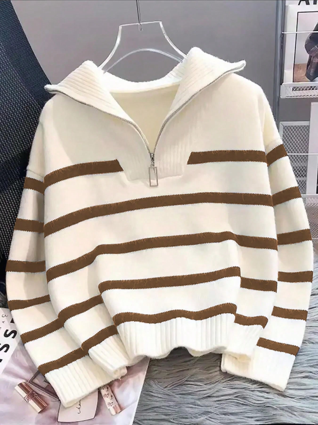 New Autumn/Winter Women Striped Zipper Turtleneck Sweater, Fashion Minimalist Pullover Classic Style,Long Sleeve Tops