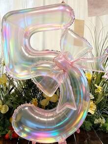 2个100厘米大号彩色透明数字造型铝箔气球，配24英寸彩色蝴蝶结装饰，适用于生日派对、户外活动、周年纪念、节日、宴会庆典、墙面装饰、圣诞节、新年等场合。 - 無色 - 查看 17