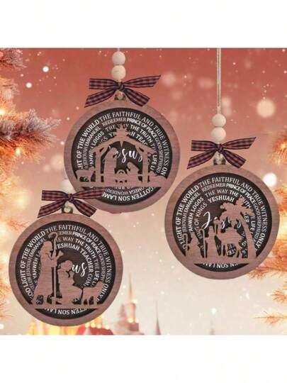 3pcs Large Double-Layer Nativity Scene Wooden Decorative Ornaments, Party Home Decor, Room Hanging Pendant, Car Pendant