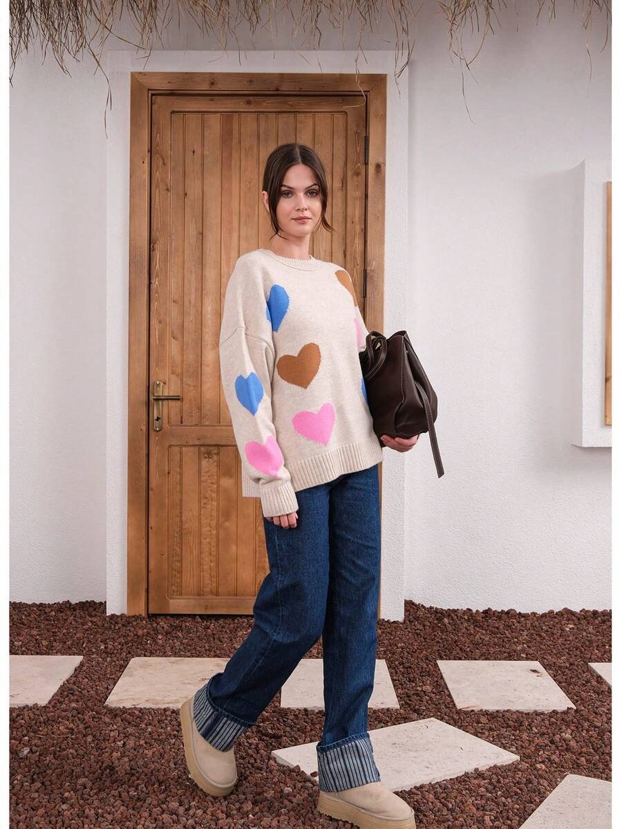 Oversized Women's Sweater With Colorful Heart Pattern - Beige - View 1