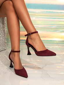 1 Pair Solid Color Pointed Toe Hollow Out High Heel Pumps, Suitable For Commuting And All Seasons - Burgundy - View 2
