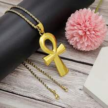 RechicGu Vintage Ancient Egyptian Cleopatra Coptic Sym.Bol Of Life Big Ankh Cross Pendant Long Chain Gothic Necklace,34inch,3DVintageGold - 3D復古金 - 查看 4