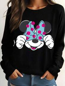 Disney Minnie Mouse Series Graphic Print Casual Long Sleeve T-Shirt, Stretchy, Opaque, Easy Care Fabric, Suitable For Everyday Wear - Black - View 3