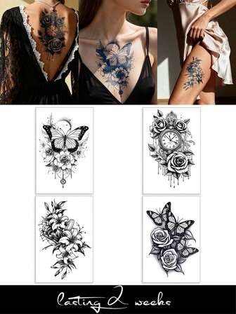 Juice Tattoo，采用天然植物成分制成，半永久纹身贴纸，图案包括蝴蝶、玫瑰、兰花、时钟等，适用于手臂、大腿、胸部、腹部、背部等部位的临时纹身，可用于DIY、日常派对、节日礼物、身体装饰，可持续1-2周，不褪色、不反光、防水，逼真纹身贴纸。