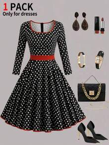 Elegant Waist Cinched Polka Dot Colorblock Square Neck A-Line Long Sleeve Dress, Versatile For Dating, Commuting, Daily Wear In Spring, Autumn, Winter - Black - View 2
