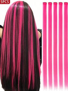 Five Red Clip-On Hair Extensions, 20-Inch Long Straight Hair, Clip-On Synthetic Material, Suitable For All Occasions Such As Cosplay, Dress-Up, Fashion Parties, New Year's, Etc., Can Be Given As A Gift To Women, And Used At Music Festivals, Etc. (Red) - Multicolor - View 2