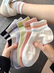 6双装女士彩色可爱条纹休闲运动中筒袜，柔软透气，适合夏秋季日常穿着 - 彩色 - 查看 1