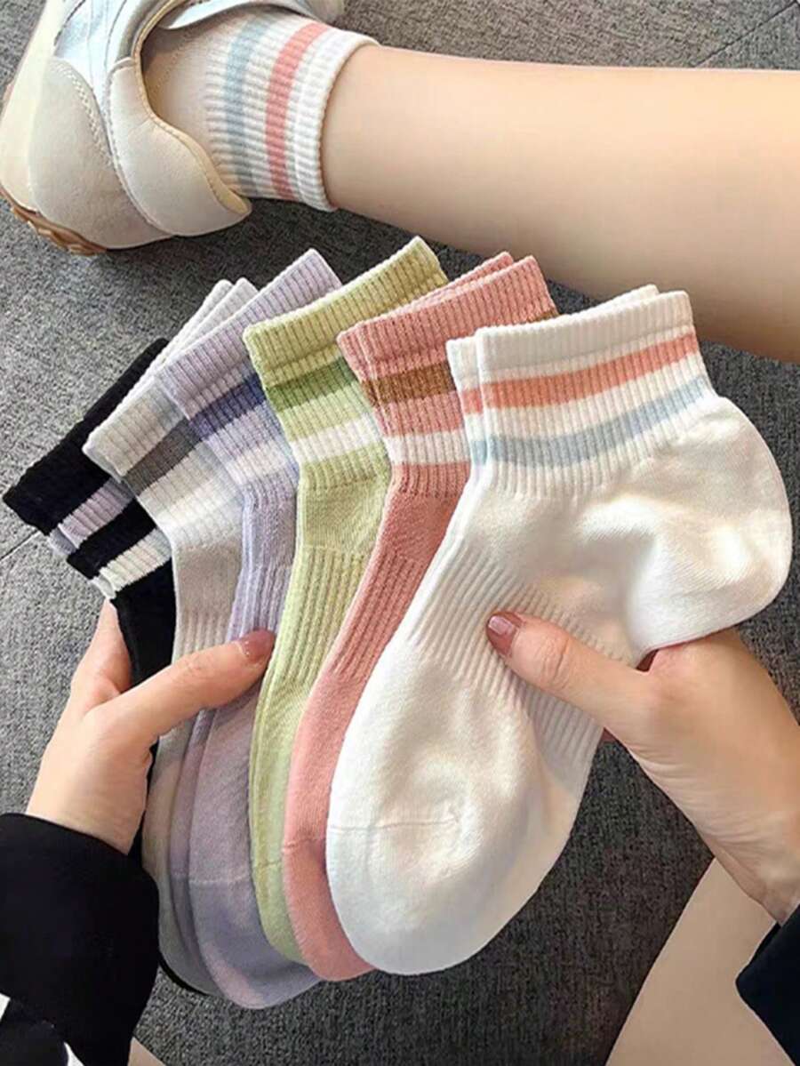 6双装女士彩色可爱条纹休闲运动中筒袜，柔软透气，适合夏秋季日常穿着 - 彩色 - 查看 1
