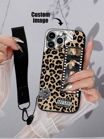 1pc Customizable Black TPU Phone Case With Leopard Print Pattern, Shock-Resistant, And 1pc Black Carabiner Clip Customizable Text Phone Case, Compatible With Apple/OPPO/Galaxy Phones