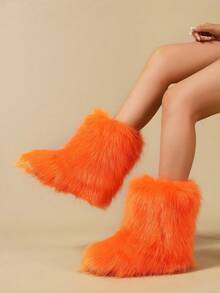 Women's Faux Fur Boots Furry Mid Calf Fur Boots Comfortable Outdoor Flat Shoes Winter Warm Plush Surface Snow Boots - Màu Cam cháy - Xem 2