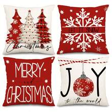 4件套水彩风格圣诞枕套，饰有雪花和圣诞树图案，白色枕套，适合室内外客厅沙发家居装饰，单面印花，不含枕芯。 - 紅白色 - 查看 7