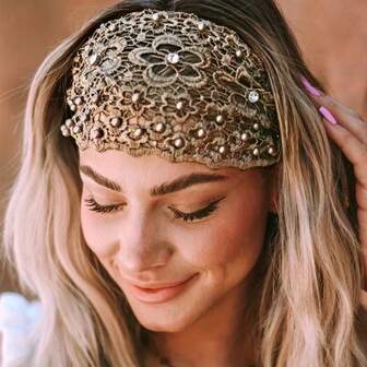 Elegant Boho Style Wide Lace Headband, Decorated With Faux Pearl - Floral Pattern, Stretchy Fit For Women, Available In Gold, Navy Blue And Beige