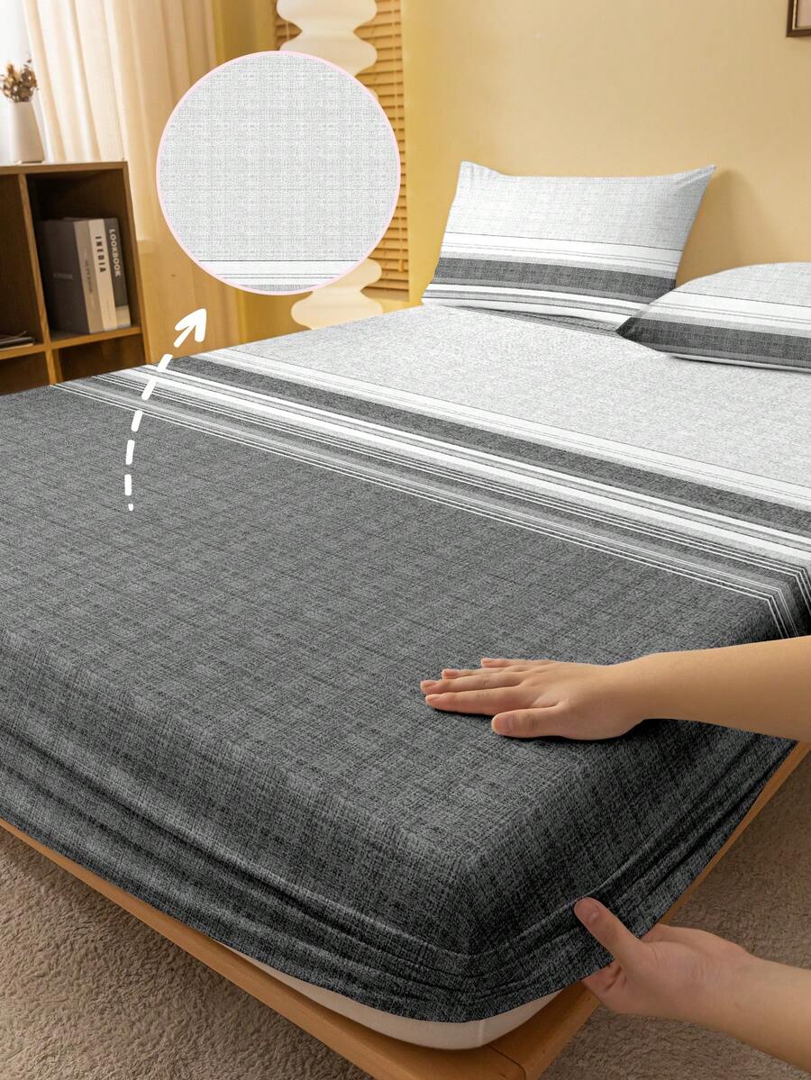 1 pieza Sábana ajustada con estampado de rompecabezas geométrico a rayas en gris neutro, funda de edredón estampada para dormitorio (no incluye funda de almohada) - Multicolor - Ver 1