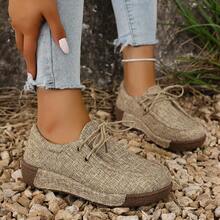Women's Fashion Thick Bottom Wedge Flat Round Toe Lace-Up Casual Shoes - Khaki - View 7
