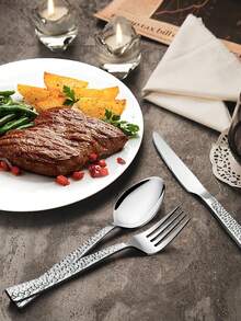 5/20/30pcs Stainless Steel Hammered Finish Cutlery Set, Metal Flatware Set Includes Knife/Fork/Spoon, Tableware Set, Home/Restaurant/Wedding Party Utensils, Mirror Polished, Dishwasher - Silver - View 4