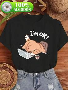 Camiseta de algodón de manga corta y cuello redondo para mujer, de corte holgado, con un lindo estampado de 'gato trabajador', ideal para uso diario - Negro - Ver 1