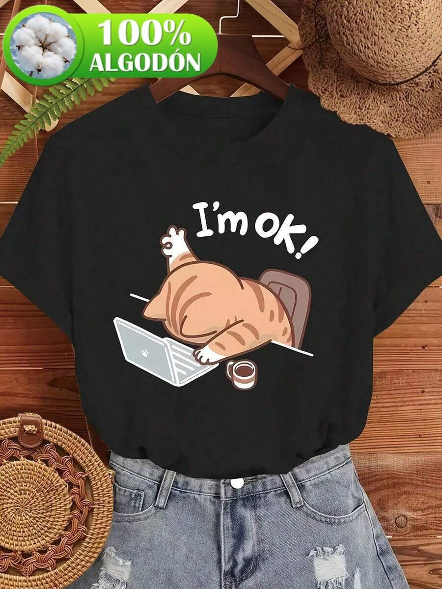 Camiseta de algodón de manga corta y cuello redondo para mujer, de corte holgado, con un lindo estampado de 'gato trabajador', ideal para uso diario - Negro - Ver 1