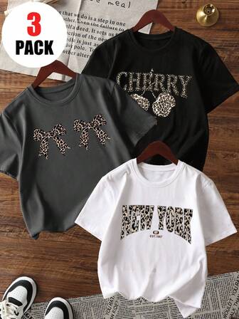 3pcs/Set Girls Casual Printed Crew Neck Short Sleeve T-Shirts, Summer Student Youth Apparel - Fashionable Vintage Leopard, Cherry Blossom, Bow Colorful T-Shirts Bring Joy And Happiness To Every Child!