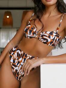 2pcs Striped Print Sexy Backless High Waist Bikini Set, Suitable For Beach, Vacation, Summer - Black and Brown - View 2