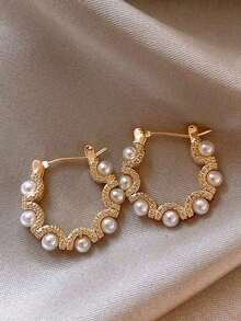 1pair Exquisite Circle Pearl Hoop Earrings, Korean Style Fashion Statement Ear Clips With Unique Design - Nhiều màu - Xem 1