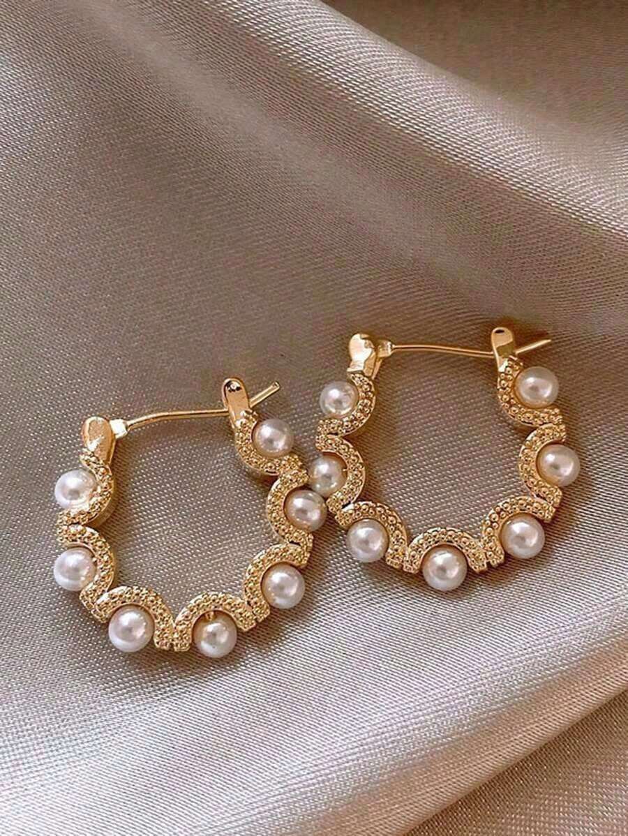 1pair Exquisite Circle Pearl Hoop Earrings, Korean Style Fashion Statement Ear Clips With Unique Design - Nhiều màu - Xem 1