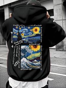 NEON DUSK Black American Van Gogh Starry Sky Letter Graphic Oversized Loose Fit Long Sleeve Hoodie, Suitable For Autumn/Winter, Casual, Streetwear, Commute - Black - View 1
