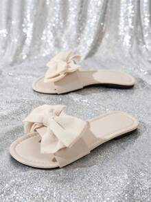 Elegant Women's Flat Sandals, Round Toe Black Bow Tie Party Shoes, Versatile Fashion Matching Dresses, Casual Outdoor Beach Slippers, Open Toe Slides - Beige - View 5