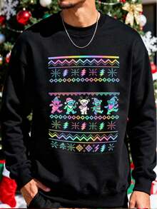 Manfinity Homme Sudadera con estampado de osos psicodélicos, adecuada para fiestas y uso cotidiano, regalo ideal para amantes de la moda alternativa y la cultura psicodélica, con detalles de colores arcoíris y patrones tribales - Negro - Ver 1