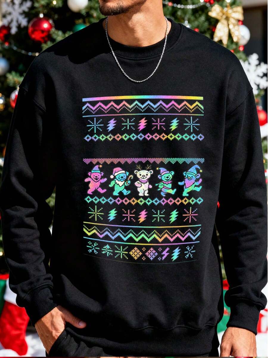 Manfinity Homme Sudadera con estampado de osos psicodélicos, adecuada para fiestas y uso cotidiano, regalo ideal para amantes de la moda alternativa y la cultura psicodélica, con detalles de colores arcoíris y patrones tribales - Negro - Ver 1