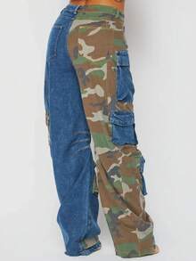 Magic Mia Women's Camo & Denim Patchwork Cargo Pants - High Waist Multi-Pockets & Loose Fit | Edgy Street Style For Casual Daily &  Outfits (Unique Patchwork & Durable) For Statement-Making Looks - Blue - View 4