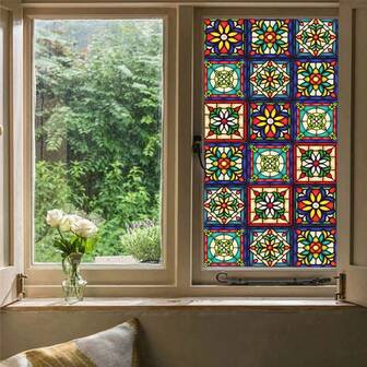 1 Piece Of Colorful Retro Flower Window Film, Electrostatic Adhesive Removable Window Sticker, Privacy Decoration Film, Suitable For Home And Office Use, Reusable