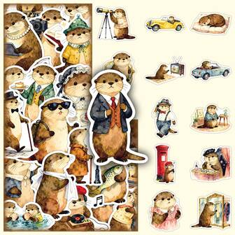 50pcs Watercolor Hand-Painted Cute Cartoon Otter Animal Creative Adorable Stickers For Phone Case, Scrapbooking
