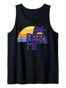 Men's Black Sleeveless Tank Top - BEER ME Graphic Shirt With Palm Tree Sunrise Design - Breathable Shirt For Gym, Beach, Parties - Sizes S-XXXL - Perfect Gift For Beer Lovers & Dad - OWN Clothing, Beer T Shirt - 黑色 - 查看 1