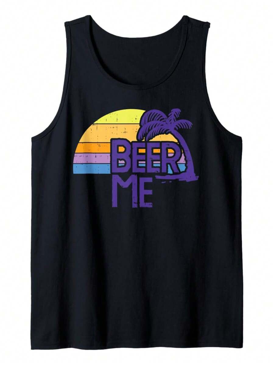 Men's Black Sleeveless Tank Top - BEER ME Graphic Shirt With Palm Tree Sunrise Design - Breathable Shirt For Gym, Beach, Parties - Sizes S-XXXL - Perfect Gift For Beer Lovers & Dad - OWN Clothing, Beer T Shirt - 黑色 - 查看 1