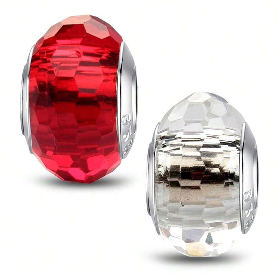 MICOO 925 Sterling Silver Charms For Bracelets,Fashion DIY Dangle Pendants Beads Simulated Birthstone Charms,Birthday Gifts For Women,2RedandWhiteCharms - 2個紅白相間的吊墜 - 查看 1