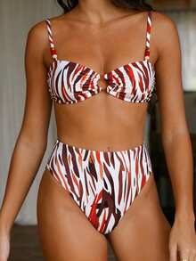 2pcs Striped Print Sexy Backless High Waist Bikini Set, Suitable For Beach, Vacation, Summer - Reddish Brown - View 5