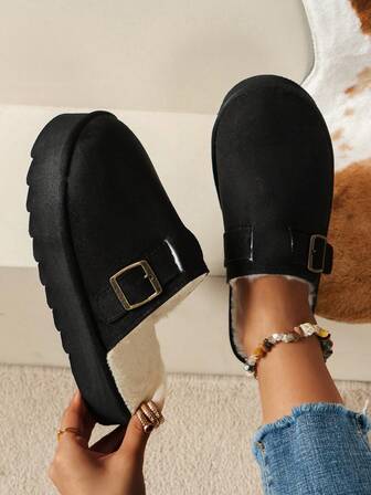 Women's Solid Color Casual Slippers, Thermal Lined For Warmth And Softness, Adjustable Single Strap, Thick Sole Slip-On House Warm Slippers, Autumn/Winter