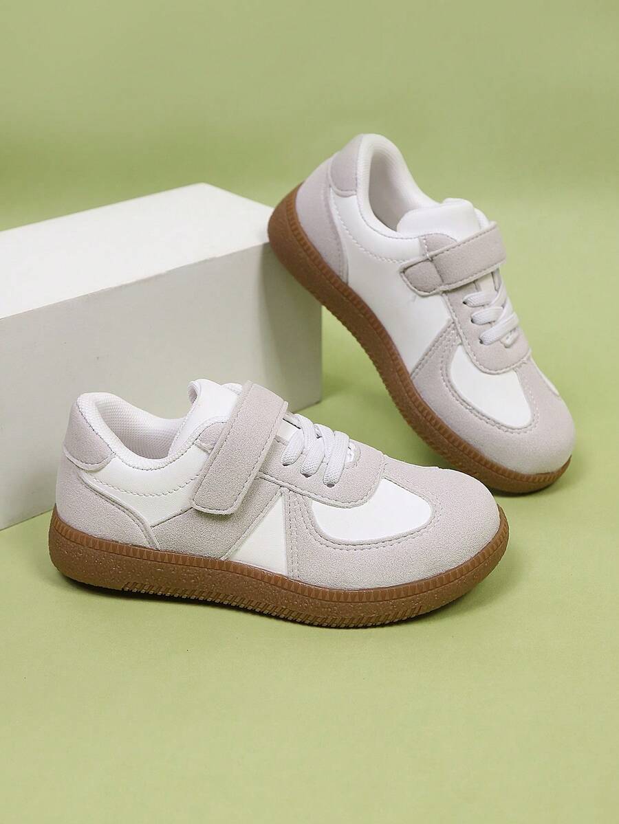 1双休闲简约校园风魔术贴平底户外儿童运动滑板鞋，适合所有季节 - 米色 - 查看 1