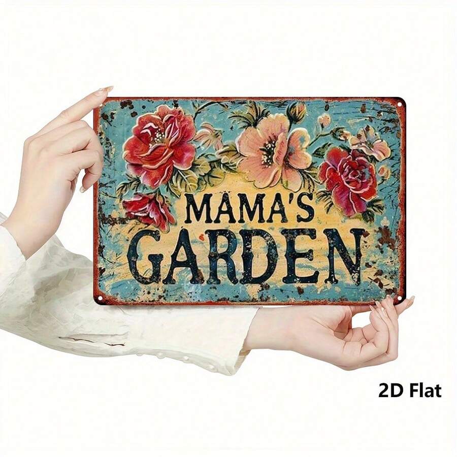 2D Flat, 1pc Mama's Garden Vintage Metal Sign - Farmhouse Decor With Red Roses & Teal Background - Rustic Wall Art Plaque For Home, Kitchen, Cafe, Garage - Antique Look Decoration - Easy Hanging With - Multicolor - View 1