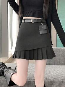 A-Line High Waist Pleated Woolen Mini Skirt, Slim Fit - Grey - View 3