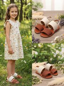 1 Pair White Toddler/Little Girls' Flat Beach Sandals, Brown & White Fabric Strap, Adjustable Hook & Loop Closure, Round Toe, Non-Slip, Comfortable, Cute Roman Style Sandals, Suitable For 3-12 Years Old Girls, For Party, Vacation, Casual Daily Wear, Summer Beach - White - View 4