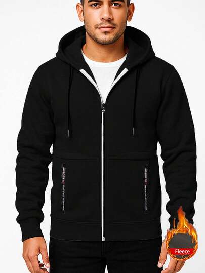 1pc Men's Fleece Solid Color Outdoor Zip-Up Drawstring Hoodie,Suitable For Sports And Outdoor Activities,Boyfriend Style,Winter Outfit For Men,Hoodie For Men,Jacket For Men,Top Choice For Exercise,Good Quality Fabric,Designed Specifically For Outdoor,Men Essentials Hoodie,Christmas Gifts,Halloween Gifts,Autumn/Winter