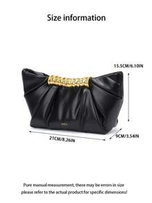 Women's Black Korean Vintage Minimalist Metal Design Handbag, French Pleated Metal Buckle Cloud Bag, Sweet Preppy Style Commute Casual Crossbody Shoulder Bag, Small Size, Suitable For Daily Commute, Shopping, School, Travel, PU Leather - Black - View 9