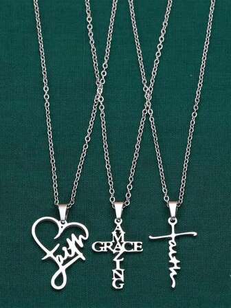 Set de 3 collares con colgante de cruz, palabra "Fe", corazón y "Gracia asombrosa" de acero inoxidable, para oración y religión